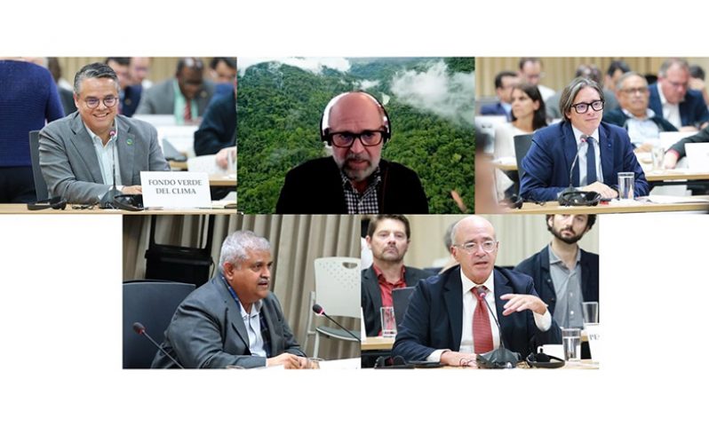 Henry González, Deputy Executive Director of the Green Climate Fund;  Carlos Manuel Rodríguez, CEO and Chairperson of the Global Environment Facility;   Christian Asinelli, Corporate Vice-President of Strategic Programming at the CAF-Development Bank of Latin America; Satya Tripathi, Secretary-General of the Global Alliance for a Sustainable Planet; and  Craig Cogut, co-founder and co-managing partner of Pegasus Capital Advisors