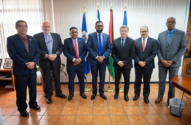 President, Dr. Irfaan Ali (centre), Agriculture Minister Zulfikar Mustapha (third from left), Inter-American Institute for  Cooperation on Agriculture (IICA) Director General Manuel Otero (third from right) and other IICA officials