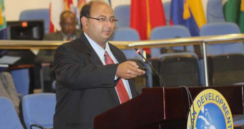 Head of NICIL Mr Winston Brassington speaking at the CDB meeting on Wednesday