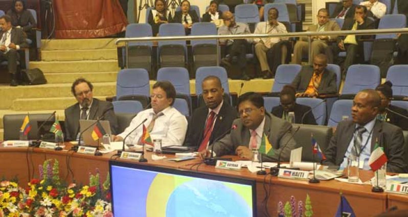 Guyana’s Finance Minister and CDB Bank Governor, Dr. Ashni Singh, makes a point during Wednesday’s meeting (Cullen Bess-Nelson photo)
