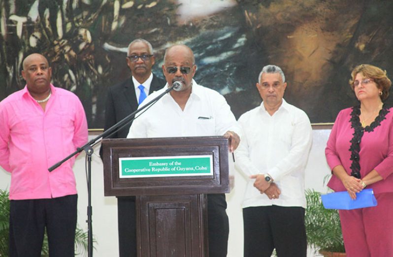 Fly Jamaica’s Captain Paul Reece addressing the launching of Fly Jamaica/Air Guyana Airline held in Havana on August 11, 2017.  Others in the photo are, from left: Mr. Lindbergh Smith, the Havana Resident Representative of Fly Jamaica/Air Guyana; Mr. Joseph Dolphin, Master of Ceremonies; Mr. Carlos Radames Perez Andino, Vice-President of the Cuban Civil Aviation Authority; and Ms. Mercedes Vasquez, Director General, Cuba Civil Aviation Institute