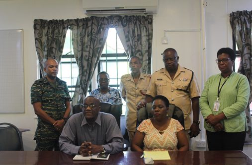 Regional Chairman, Renis Morian, Mayor Waneka Arrindell, Back row- Colonel Eon Murray, RHO Dr Pansy Armstrong, Station Officer for the Linden Fire Department Courtney Springer, Regional Police Commander Hugh Winter and DREO Maylene Stephen
