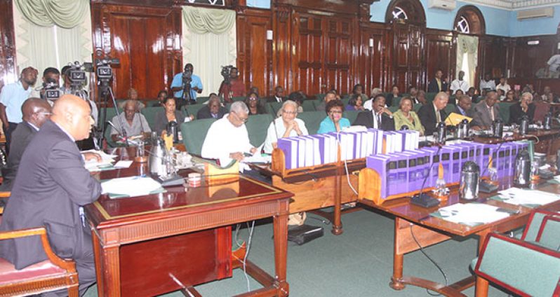 Speaker Raphael Trotman and MPs of the combined opposition parties during a meeting on Monday in the National Assembly (Photo by Sonell Nelson)