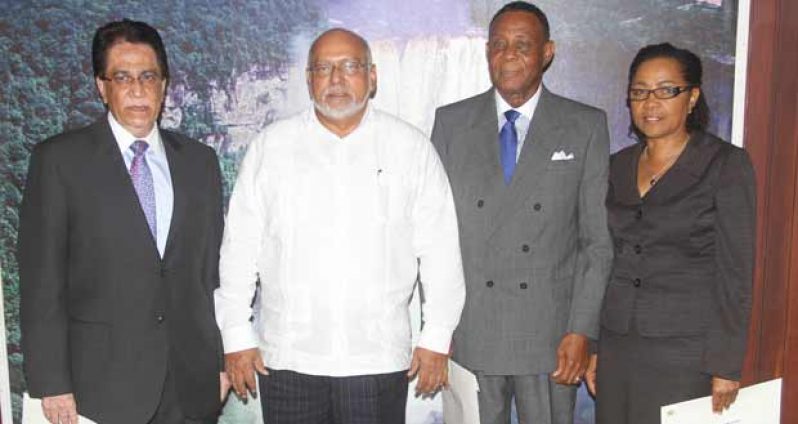 ‘SWORN IN’:  President Donald Ramotar with, from left,  Senior Counsel Seenauth Jairam, Sir Richard Cheltenham and Queen’s Counsel Jacquelene Samuels-Brown (Sonell Nelson photo)