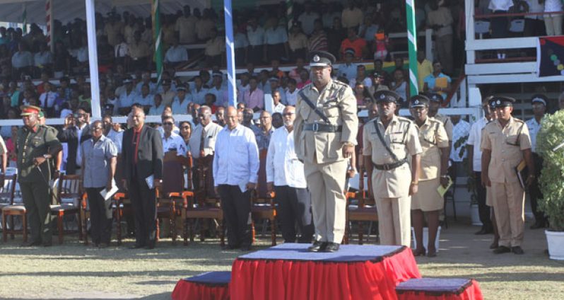 Outgoing Police Commissioner Leroy Brumell taking the podium yesterday.