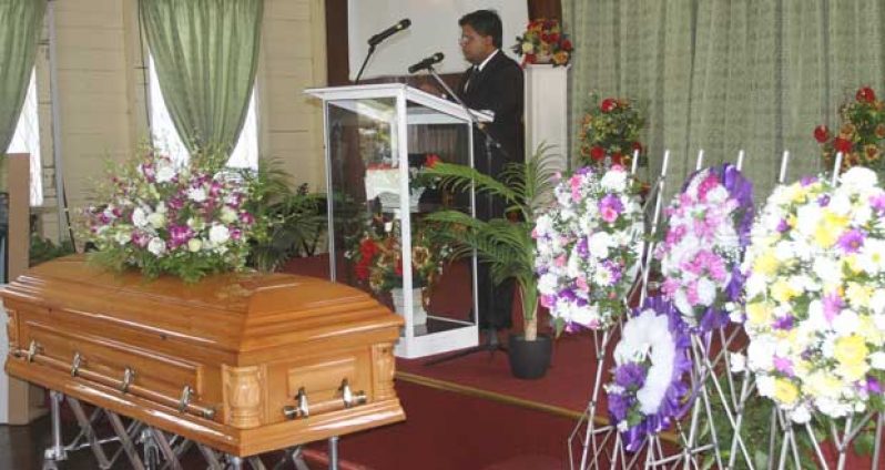 Minister of Finance, Dr. Ashni Singh as he paid tributes at the Thanksgiving Service for the late Ronald Webster at Bethel Gospel Hall on Camp Street (Photo by Sonell Nelson)