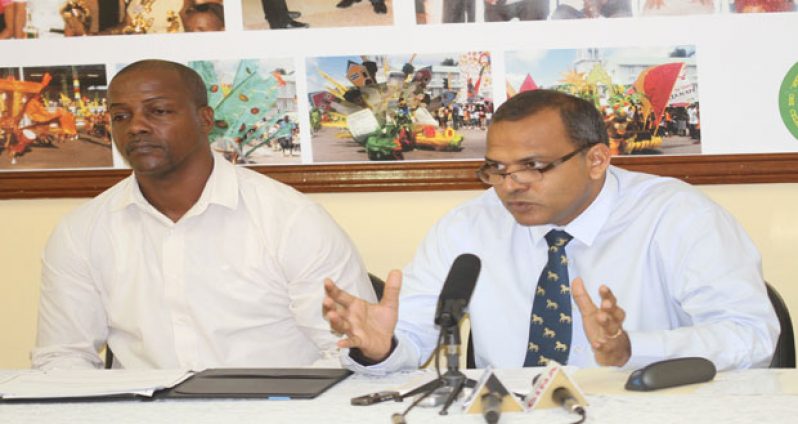Minister Anthony addressing members of the media yesterday.
