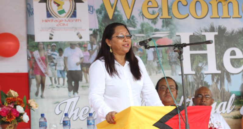 Minister of Amerindian Affairs, Ms. Pauline Sukhai addresses residents of Karrau, Region 7