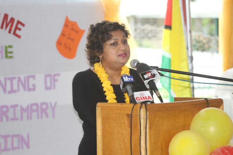Education Minister, Priya Manickchand during her feature address at the commissioning of the new St. Agnes Primary School building  (Photo by Sonnel Nelson)