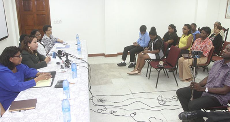 Minister Carolyn Rodrigues-Birkett addressing members of the media Monday (Photo by Sonell Nelson)