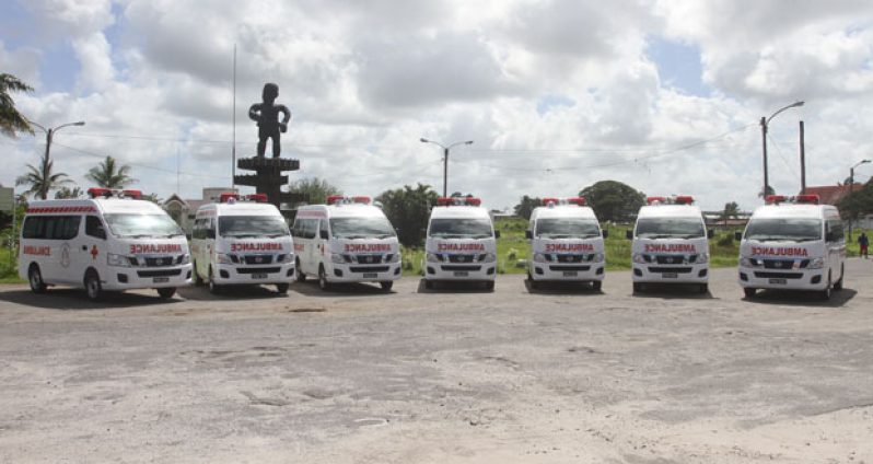 The seven new ambulances distributed by the Ministry of Health
