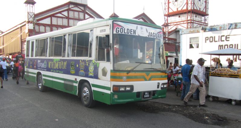 One of the large buses offering free transportation to commuters