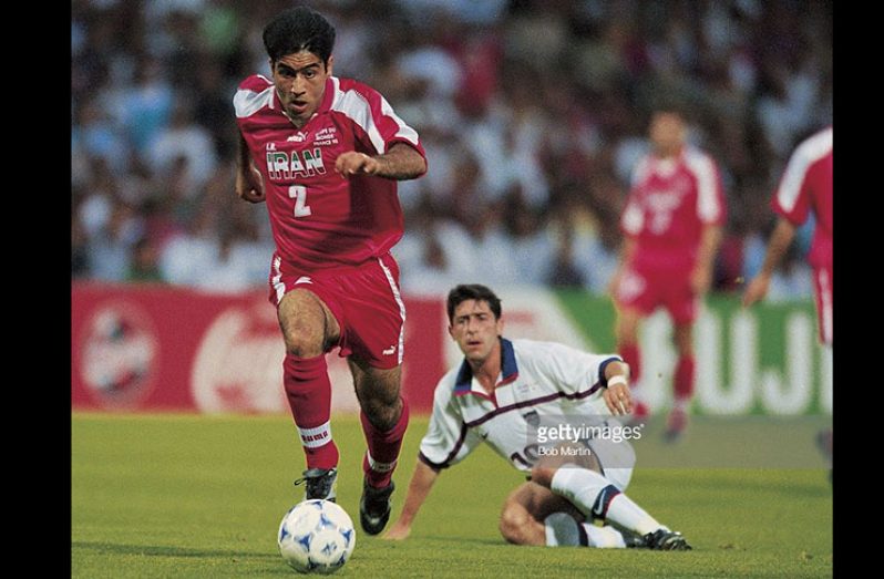 Iran’s Mehdi Mahdavikia (2) in action vs USA at the FIFA World Cup in France