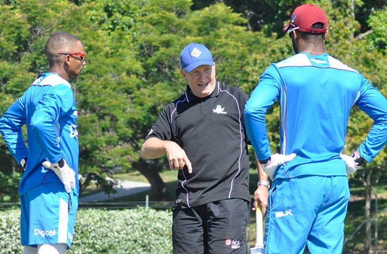 Former Australian wicketkeeper Ian Healy with Shai Hope and Shane Dowrich at a training session