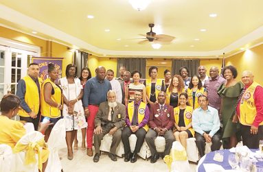 The newly-installed Executives of Be Air Lions Club. Seated
(from left): Master of Ceremonies Lion SMV Nasseer (Past
District Governor 3-Star); President Mark Persaud; District
Governor, Ln. Sean Noel and Lion Ramchand Ragbeer