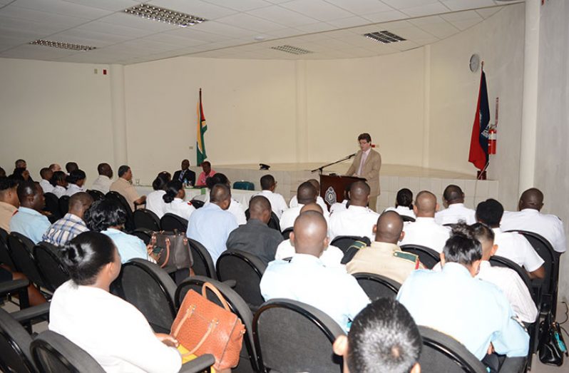 British High Commissioner, Mr Greg Quinn, addressing immigration ranks Monday at the opening of the training course at the Guyana Police Force Training Centre at Eve Leary