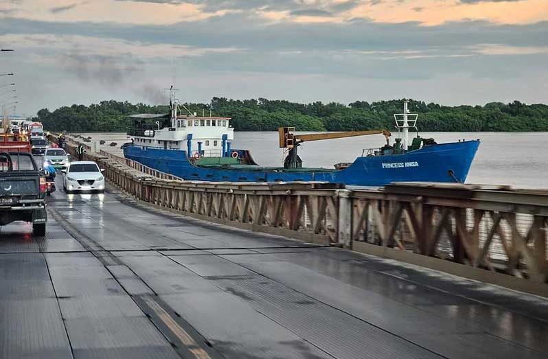 The vessel that collided with the anchors of the Demerara Harbour Bridge on Tuesday morning (Peter Salick photo)  