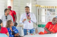 Minister within the Ministry of Public Works, Deodat Indar, speaks during a public engagement held in Aberdeen, Pomeroon River