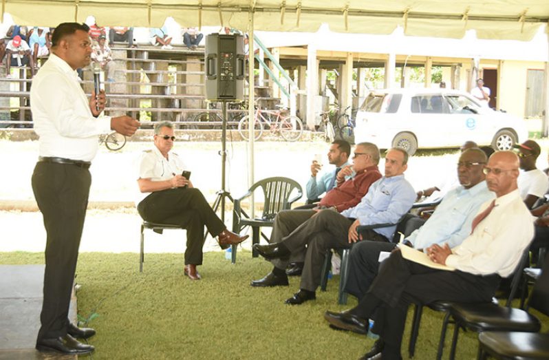 President of the GCCI addressing ex-sugar workers at Enmore on Monday (Photos by Adrian Narine)