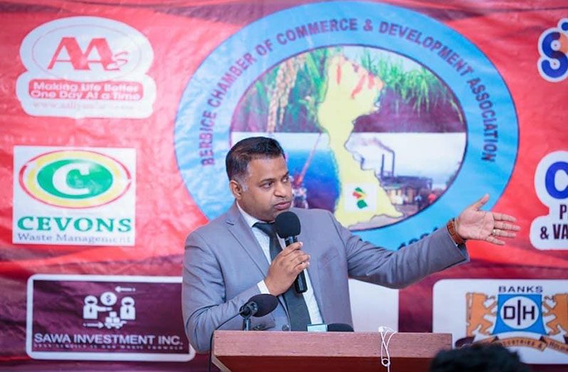 Minister within the Ministry of Public Works, Deodat Indar speaking at the Berbice Chamber of Commerce luncheon on Wednesday in New Amsterdam, Berbice 