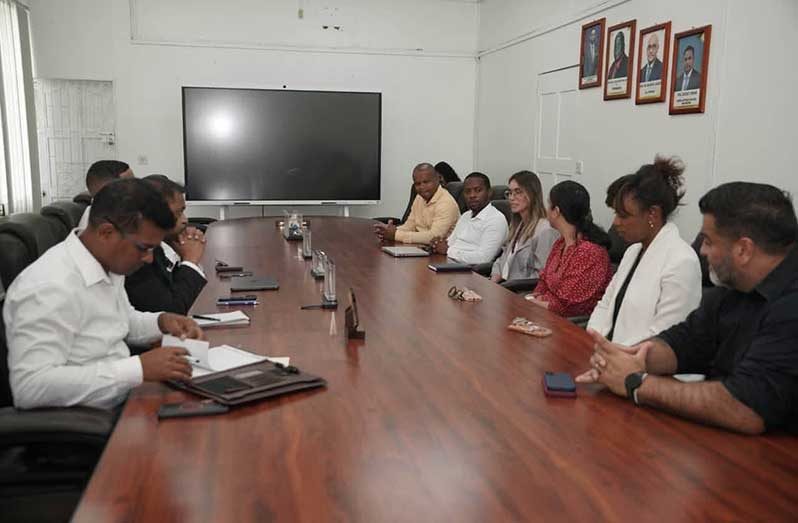 Minister of Public Utilities and Aviation, Deodat Indar and team with senior representatives of the Inter-American Development Bank (IDB)