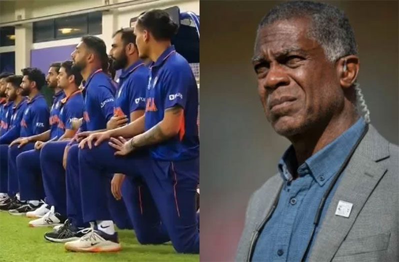 Team India ‘take the knee’ prior to the start of the game versus Pakistan. Michael Holding is inset
