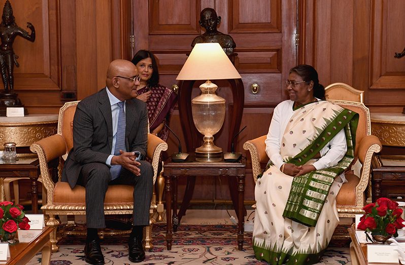 Vice-President of Guyana, Dr. Bharrat Jagdeo engages India’s President, Smt Droupadi Murmu at at Rashtrapati Bhavan, on Friday