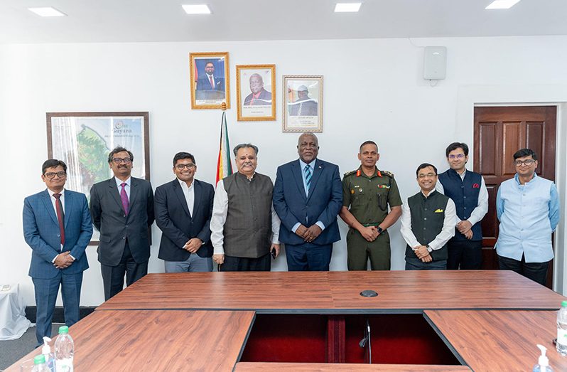 Acting President and Prime Minister, Brigadier (Ret’d) Mark Phillips (centre) with Chief of Defence Staff, Brigadier Omar Khan and India’s High Commissioner to Guyana, Dr. Amit Shivkumar Telang, with the delegation from India