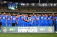 The India T20I squad with the series trophy in Brisbane • Matt Roberts/CA/Getty Images