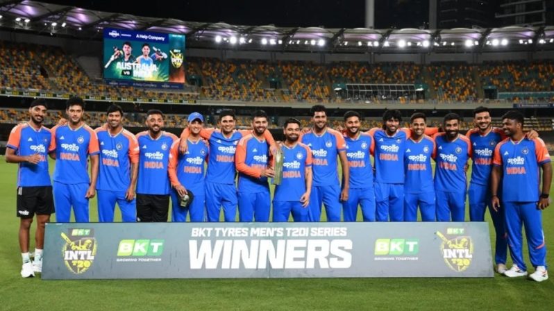 The India T20I squad with the series trophy in Brisbane • Matt Roberts/CA/Getty Images