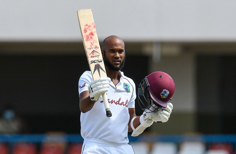Kraigg Brathwaite brought up his ninth Test century and first as West Indies captain, West Indies vs Sri Lanka, 2nd Test, 2nd Day, North Sound, yesterday.
