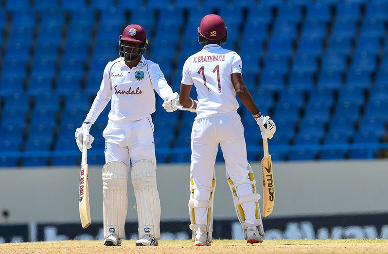 Nkrumah Bonner and Kraigg Brathwaite shared a half-century stand before lunch on day five, West Indies v Sri Lanka, 1st Test, North Sound, 5th day, March 25, 2021