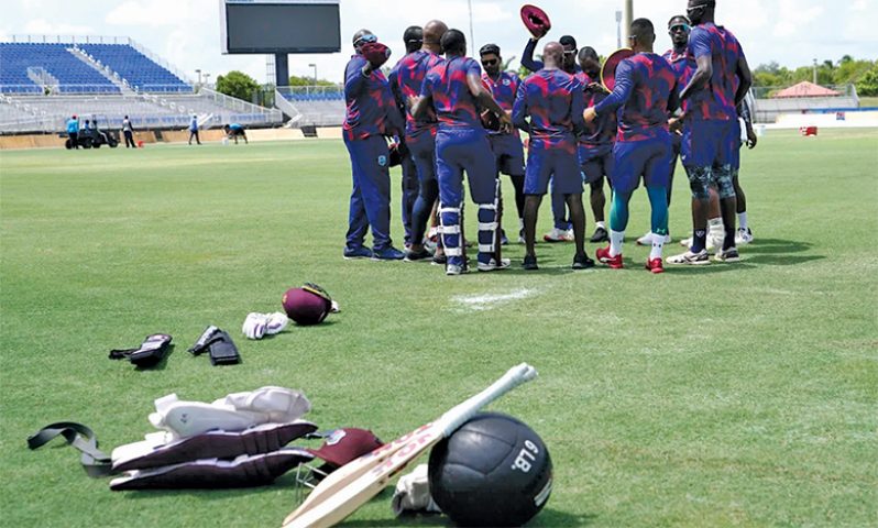 The West Indies team get into a huddle at training (Associated Press)