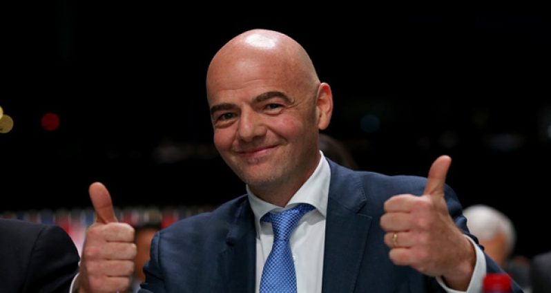 FIFA president Gianni Infantino gives the thumbs up after being elected the new FIFA president in Switzerland yesterday. (FIFA photo)