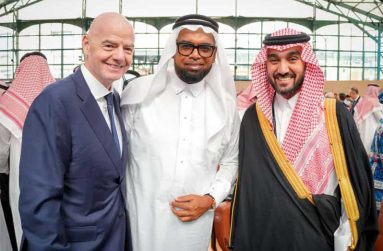 Infantino His Royal Highness Prince Abdulaziz Bin Turki Bin Faizal Al Saud (right), Saudi Arabia’s Minister of Sport, FIFA President Gianni Infantino (left) and President Dr. Irfaan Ali in Riyadh, Saudi Arabia