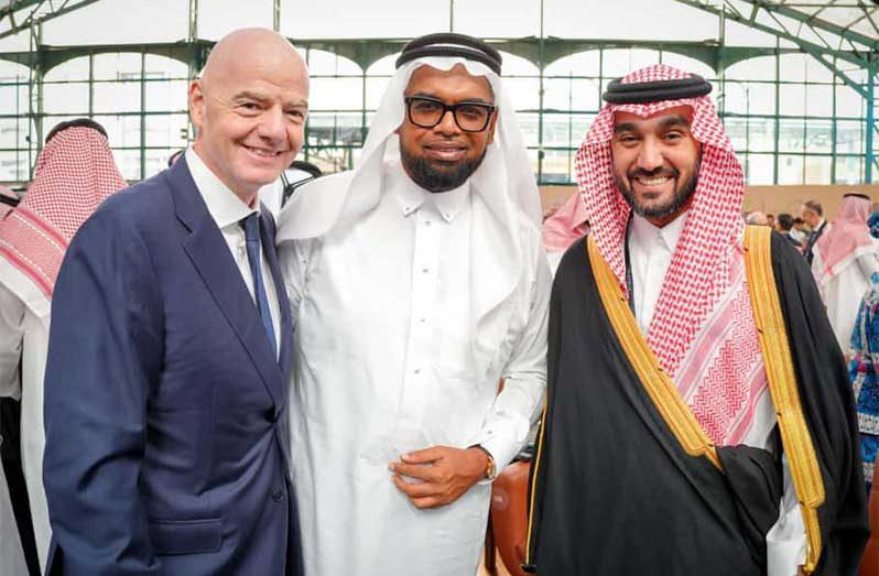 His Royal Highness Prince Abdulaziz Bin Turki Bin Faizal Al Saud (right), Saudi Arabia’s Minister of Sport, FIFA President Gianni Infantino (left) and President Dr. Irfaan Ali in Riyadh, Saudi Arabia
