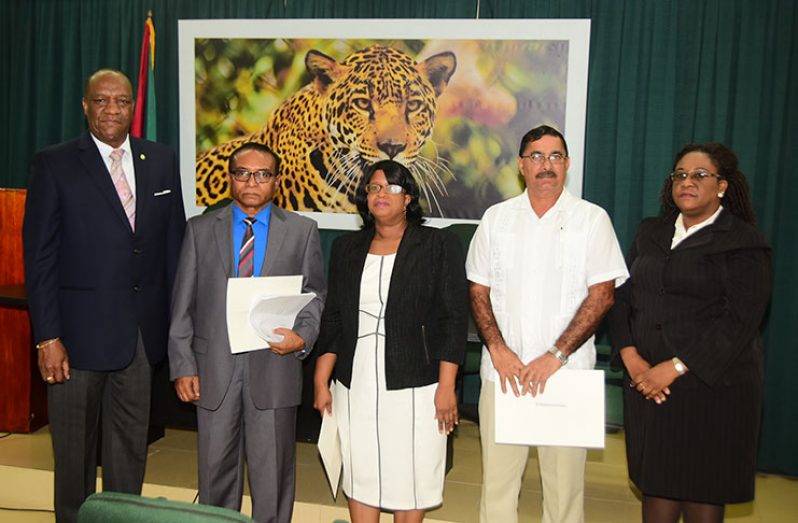 From left: Minister of State, Joseph Harmon; Chairman of the Integrity Commission, Kumar Doraisami; Commissioner Rosemary Benjamin-Noble; Commissioner Rahindranauth Persaud and Chief Magistrate Ann McLennan (Adrian Narine photo)