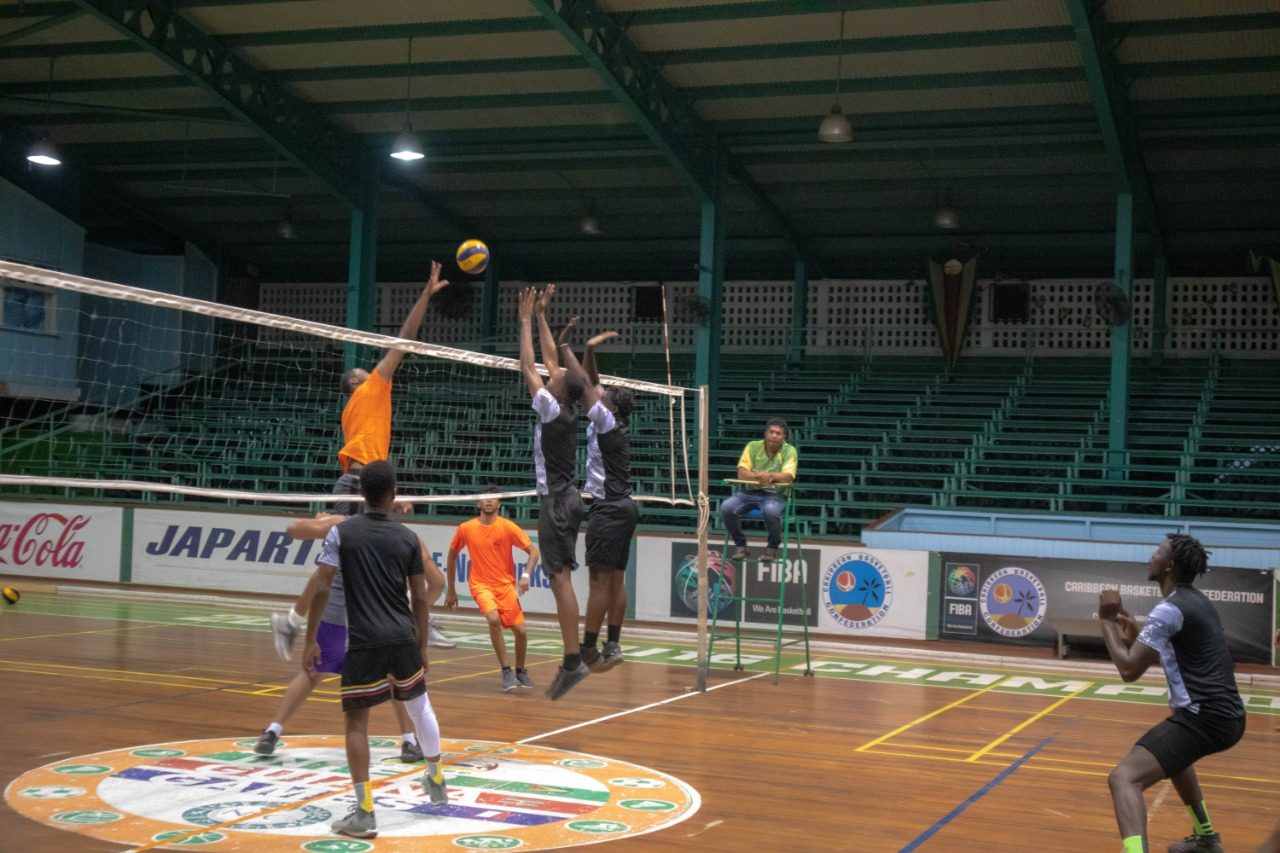 Part of the intense battle between Young Achievers and Eagles Volleyball Club at Cliff Anderson Sports Hall.