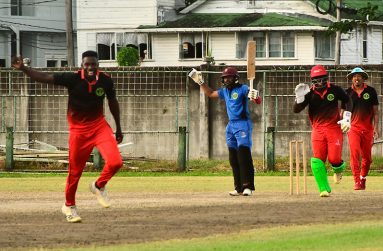 Action between Demerara and Berbice at GCC ground Bourda as the Guyana Cricket Board (GCB) Senior Inter-county cricket tournament bowled off yesterday. (Adrian Narine photo)