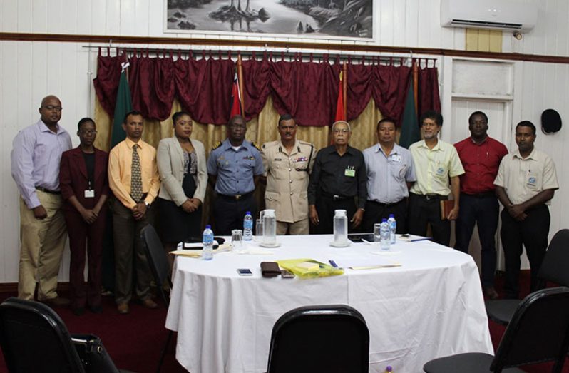 From left to right, Mr. Fabian Stuart (GRA), Ms. Alexis McCurdy (Ministry of the Presidency), Mr. Leslie Ramlall (CANU), Mrs. Rushauna Marks (MARAD), Commander Orin Porter (GDF Coast Guard), Police Commissioner(ag) David Ramnarine, DSM, Captain E.W. Adams – Coordinator Ministry of the Presidency, Captain John Flores (MARAD), Mr. William Holder (GEA), Lt. Col Gary Baird (Fisheries Dept. Ministry of Agriculture), Mr. Arjune Deally (GEA).