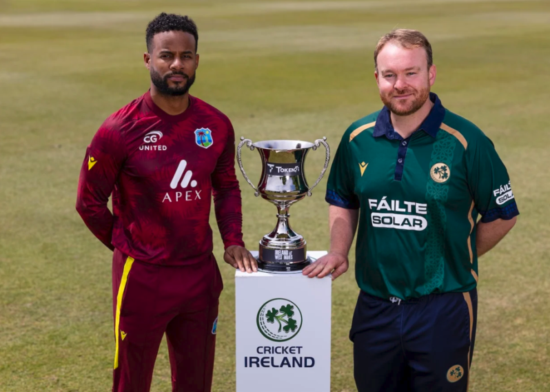 Captains Shai Hope and Paul Stirling pose with the ODI trophy•May 20, 2025•Cricket Ireland