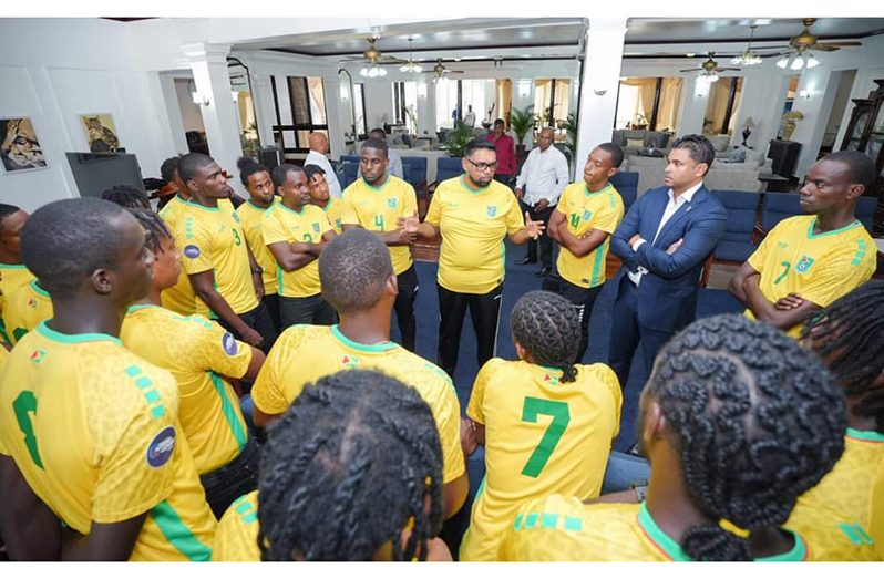 President Dr. Irfaan Ali makes a point after hosting the members of Golden Jaguars Football team, the technical staff and executives of the Guyana Football Federation for breakfast.