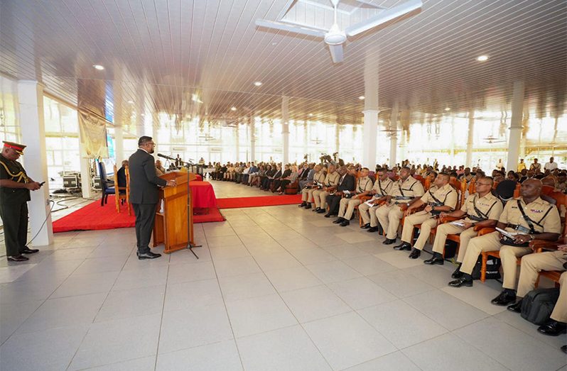 The Commander-in-Chief of the Armed Forces, Dr. Irfaan Ali expressed satisfaction with the “outstanding work” that the Police Force has done within the past year (Office of the President photo)