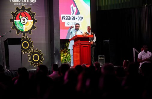 President Dr Irfaan Ali speaking at the commissioning of the Vreed-en-Hoop Shore Base Inc.