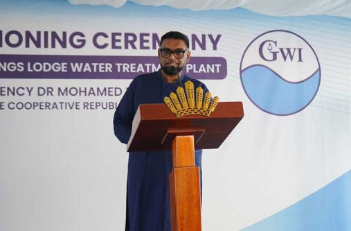 President Dr. Irfaan Ali speaking at the commissioning ceremony of the New Cummings Lodge Water Treatment Plant