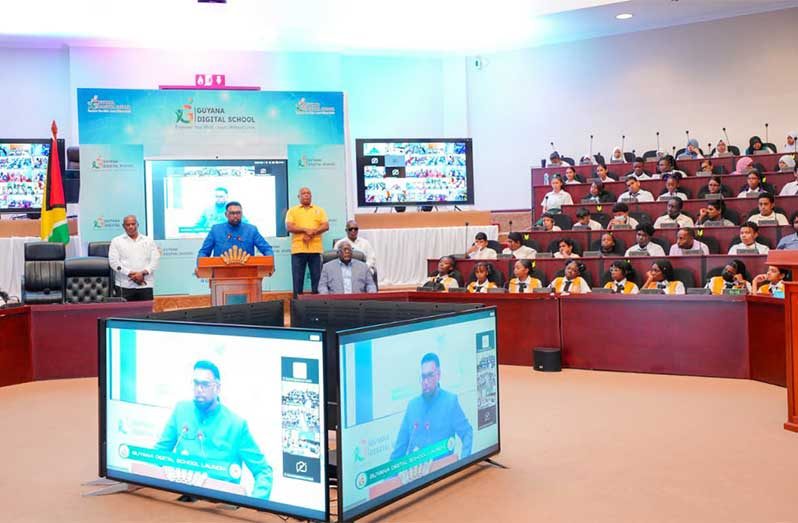 President Dr. Irfaan Ali speaking at the launch of the Guyana Digital School