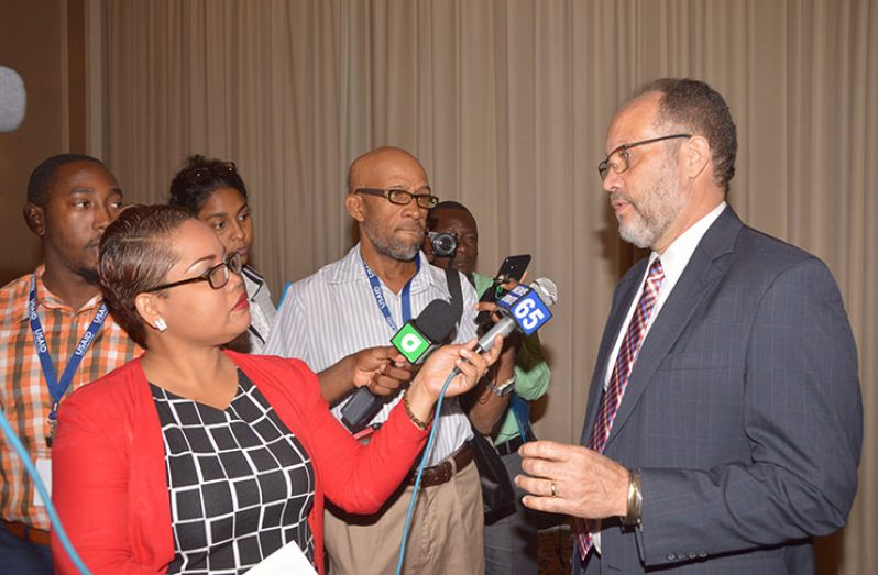 Secretary-General of the Caribbean Community (CARICOM), Irwin LaRocque speaking to members of the media