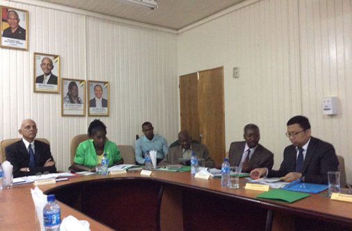 Seated from left, Minister of Communities, Ronald Bulkan, Minister with responsibility for Housing, Valerie Adams-Paterson, Chairman of the Central Housing and Planning Authority’s Board, Hamilton Green, Idrissa Dia, Divisional Manager, Urban Development and Wahyu Wijayanto, Senior Financial Analyst, Urban Development, of the IsDB during the engagement at the Department of Housing on Monday