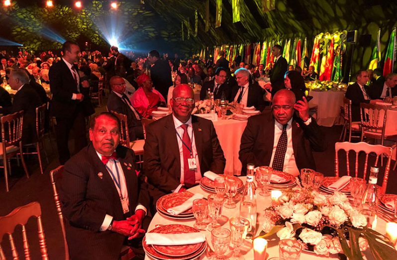 Finance Minister Winston Jordan (centre) seated next to Ambassador, Dr. Shamir Ally, along with another official at the Islamic Development Bank’s Annual General Meeting in Marrakesh, Morocco