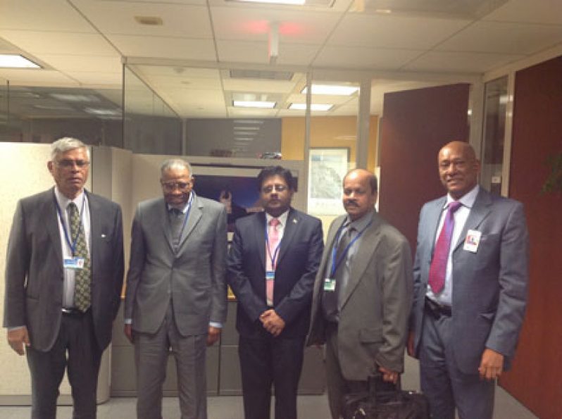 President of the Islamic Development Bank, Dr. Ahmed Mohammed Ali Al Madani (second left) with,from left, Chief Planning Officer in the Ministry of Finance, Mr. Clyde Roopchand; Finance Minister, Dr. Ashni Singh; Acting Governor of the Bank of Guyana, Dr. Gobin Ganga; and Guyana’s Ambassador to the United States, Mr. Bayney Karran